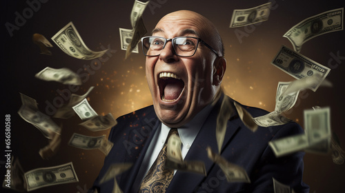 Funny old businessman screaming with money photo