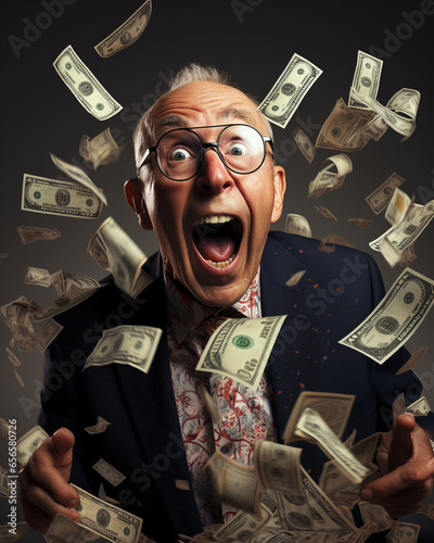 Funny old businessman screaming with money photo