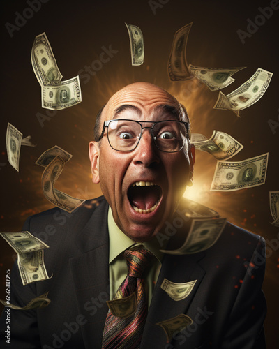 Funny old businessman screaming with money photo