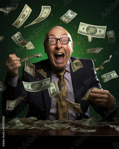 Funny old businessman screaming with money photo