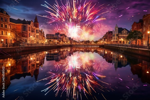 Vibrant firework reflections mirrored in a tranquil city river