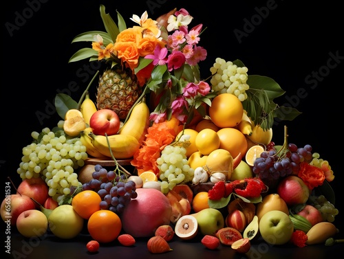 Fruits were placed together in a beautiful arrangement, forming a beautiful composition.