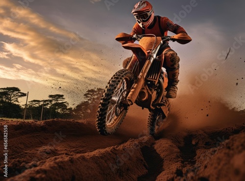 Motorcyclist jumping with a motorcycle in the mud © cherezoff