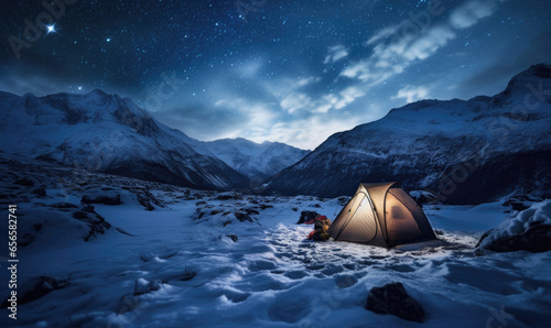 Breathtaking winter landscape with a tent on a snow-covered peak under a starry sky.