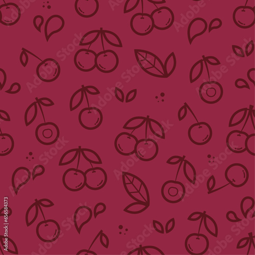 Cherry vector seamless pattern in outline style. Fruit for package, kitchen design, fabric and textile