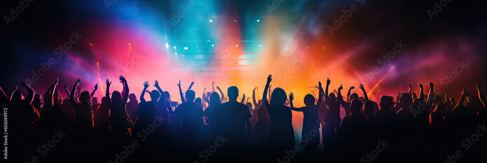 Concert crowd shadows against vibrant colorful stage lights. silhouette concept - obrazy, fototapety, plakaty 