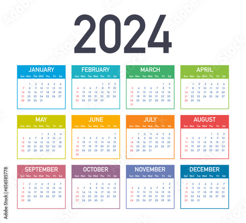 Calendar 2024 template, Planner 2024 year. Set of 12 calendar, advertisement, printing. Vector stock illustration
