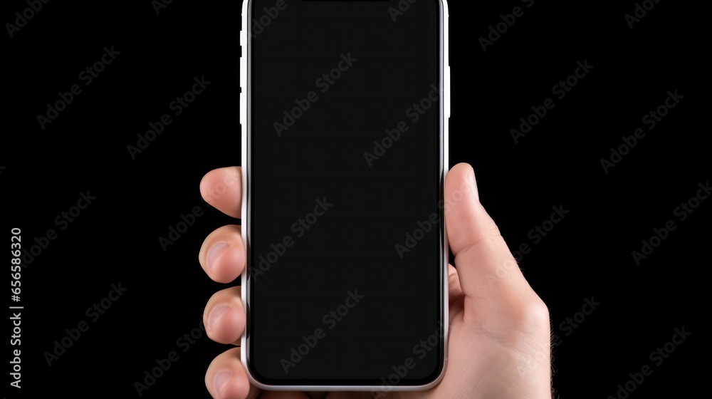 Mobile phone mockup with blank white screen in human hand, 3d render illustration put on a sweater, hold a smartphone Mobile digital device in arm isolated on white. - obrazy, fototapety, plakaty 