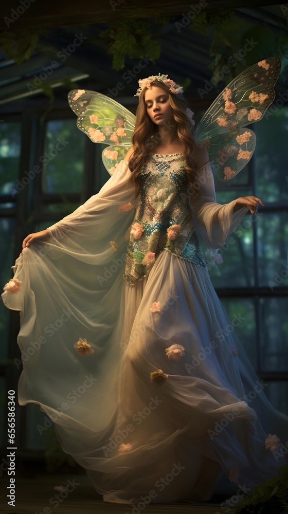 Beautiful fairy in a room with large windows. 3d rendering
