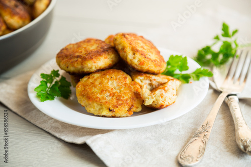 Photography Cooked fried fish cutlets in a plate with herbs.