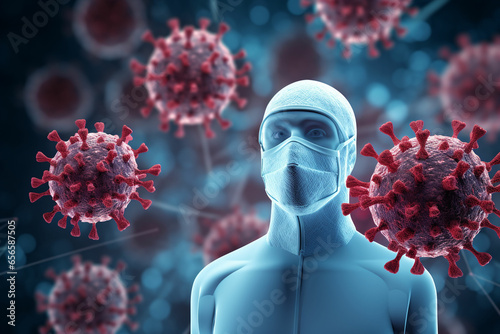 a man wearing a mask and surrounded by viruses