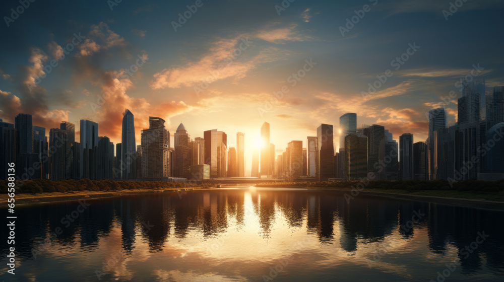 A view of a city skyline, with tall buildings and a setting sun