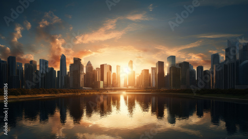 A view of a city skyline  with tall buildings and a setting sun
