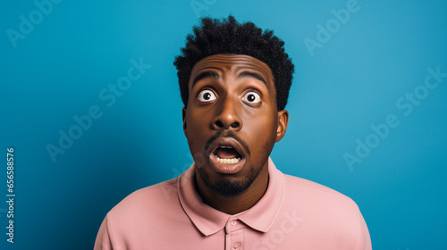 A black man doing a shocked look on tan background