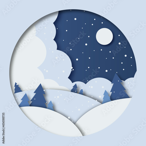 landscape with snow Winter night landscape with snow moon Christmas paper cutout card holiday