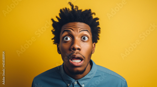 A black man doing a shocked look on tan background © Ricardo Costa