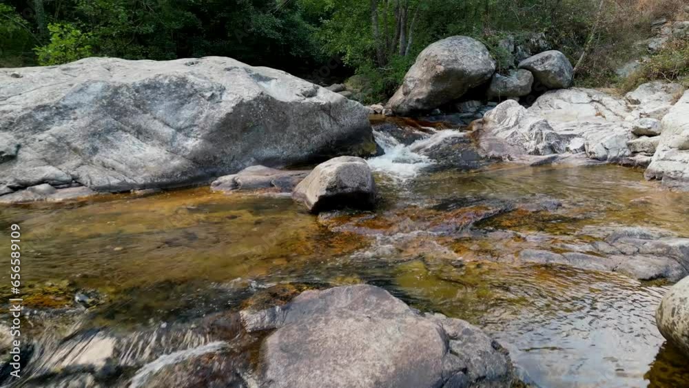 Aerial view, drone shot of a mountain creek with crystal clear mountain water, flying forward very low over rapids, High quality 4k footage Aerial view, drone shot of a mountain creek with crystal clear mountain water, flying forward very low over rapids, High quality 4k footage