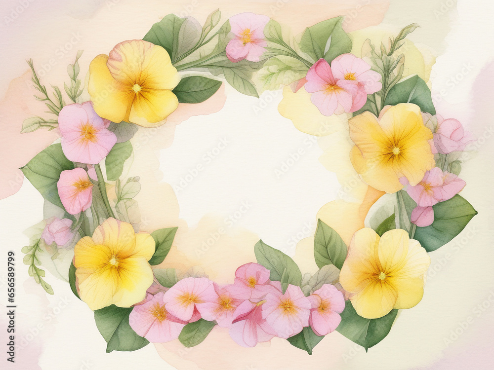 Wreath of pink and yellow Bermuda buttercup flowers with green leaves. Watercolour in soft pastel background.