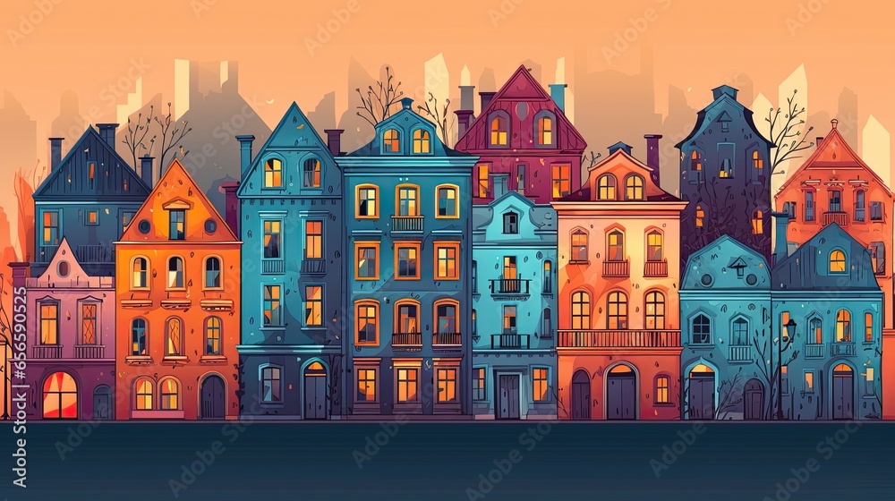Set of cute colorful houses and cottages. Generative ai