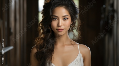 Young beautiful asian woman in a wooden room