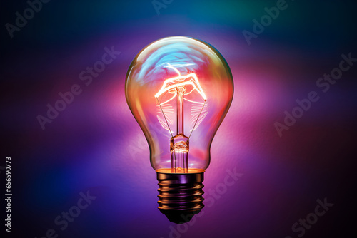 Bright light bulb, purple, neon color. New idea, inspiration, brainstorming concept.