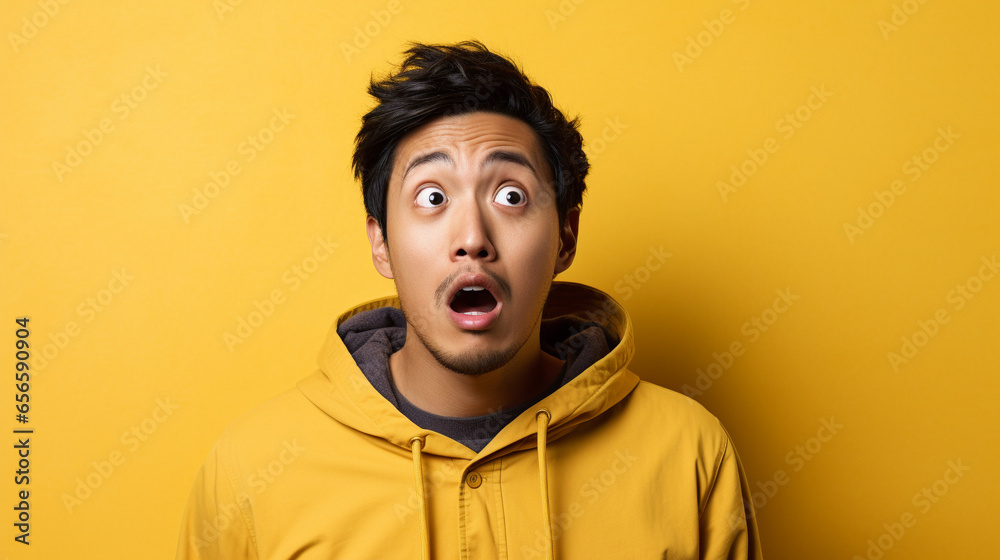 A asian man doing a shocked look on tan background A asian man doing a shocked look on tan background