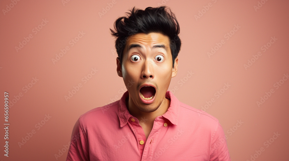 A asian man doing a shocked look on tan background A asian man doing a shocked look on tan background