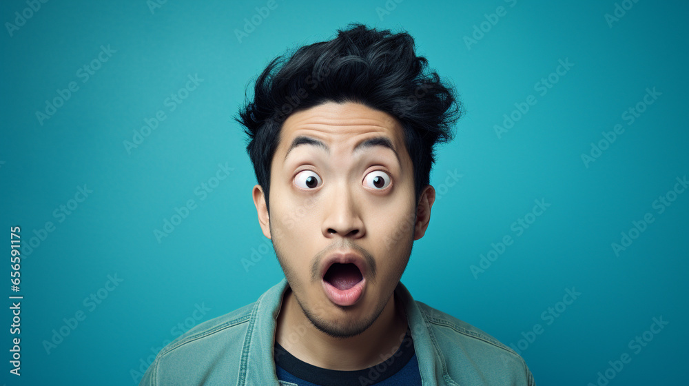 A asian man doing a shocked look on tan background A asian man doing a shocked look on tan background