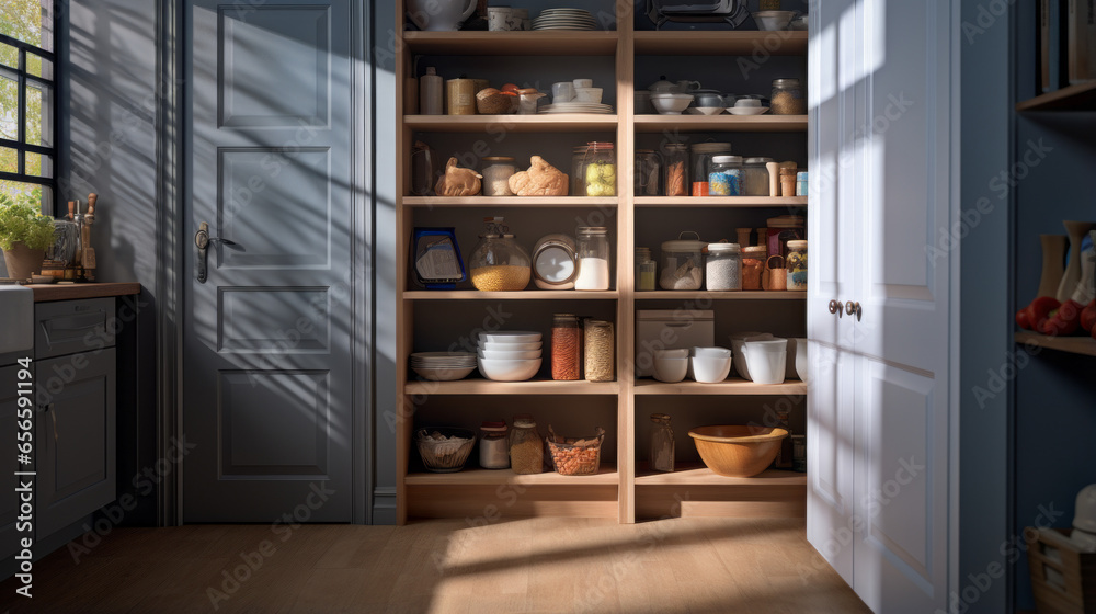 A walk-in pantry with organized shelves, storage containers, and a sliding door A walk-in pantry with organized shelves, storage containers, and a sliding door