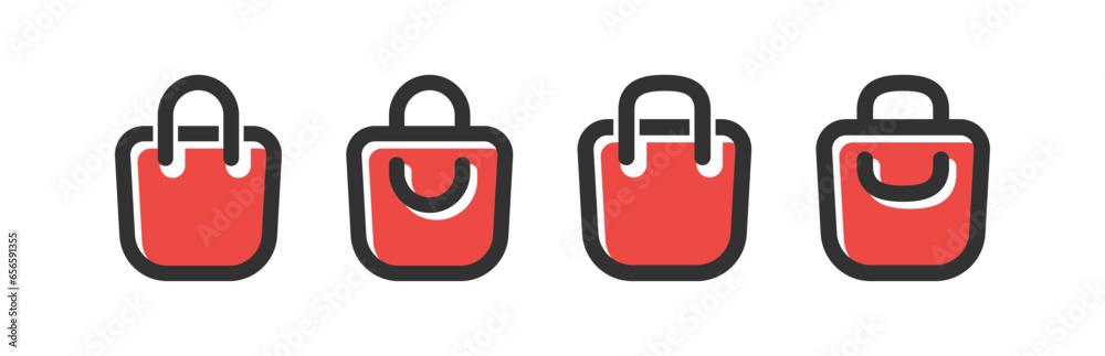 Shopping bag icon. Shopper symbol. Market merchandise signs. Paper gift symbols. Eco package icons. Black, red color. Vector sign.