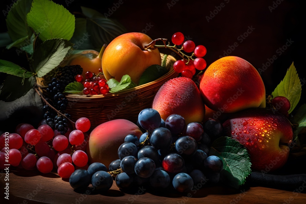 Still life of fresh fruits and berries on a dark wooden background.