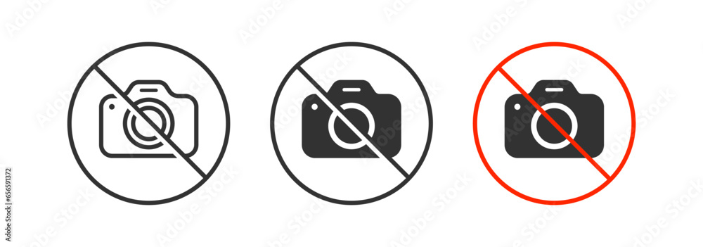 No photo icon. Forbidden camera symbol. Ban photography signs. Prohibited take photo symbols. Stop recording icons. Black, red color. Vector sign. - obrazy, fototapety, plakaty 