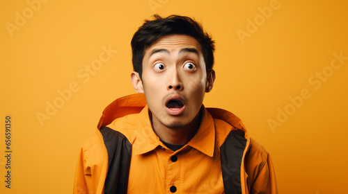 A asian man doing a shocked look on tan background