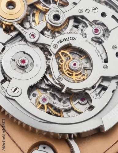 Gears and cogs in clockwork watch mechanism. Craft and precision - elegant detailed stainless steel and metal.

