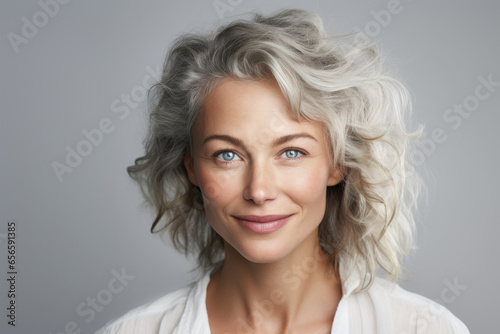 Retrato frontal de mujer adulta con sonrisa serena y piel limpia y tersa, isolado sobre fondo neutro. Serenidad. Copy space.