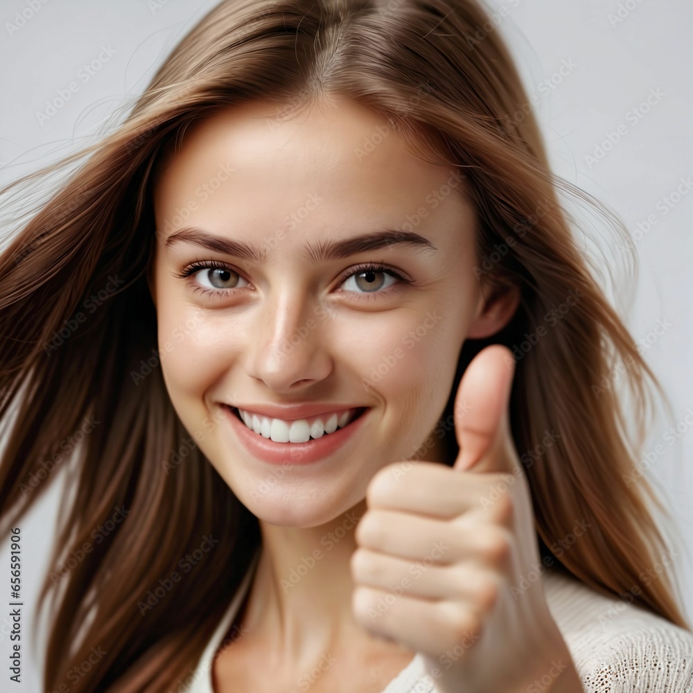Photo of lovely attractive young woman makes thumbs up gesture of approval. Thumbs up sign. Promoting product. Success. Good job. Approval. Agreement. Achieving. Plain background. Generative AI. Photo of lovely attractive young woman makes thumbs up gesture of approval. Thumbs up sign. Promoting product. Success. Good job. Approval. Agreement. Achieving. Plain background. Generative AI.