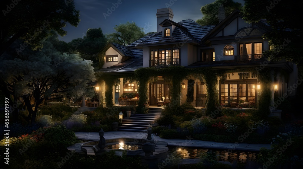 Panoramic view of luxury house in the garden at night.