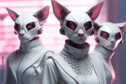 Three robot cats in human white suits on a pink background. Anthropomorphism. Humanised animals concept.
