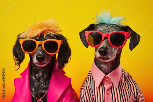 Two dogs in colorful suits and sunglasses on a yellow background. Anthropomorphism. Humanised animals concept. © volga