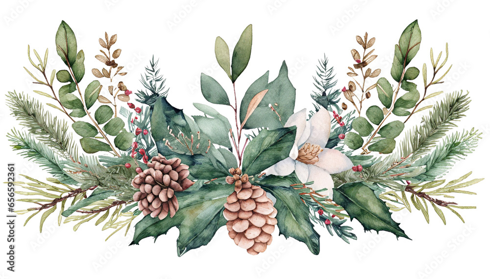 Obraz premium Watercolor Christmas leaves. Christmas wreath. Watercolor Christmas. Hand drawn winter decoration. Magnolia leaves, rosemary branches, fir, eucalyptus, holly and pine cones bouquet
