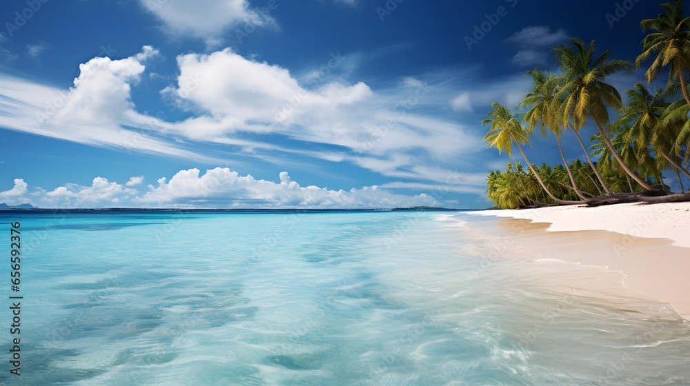 Panoramic view of a beautiful beach with palm trees and blue sky