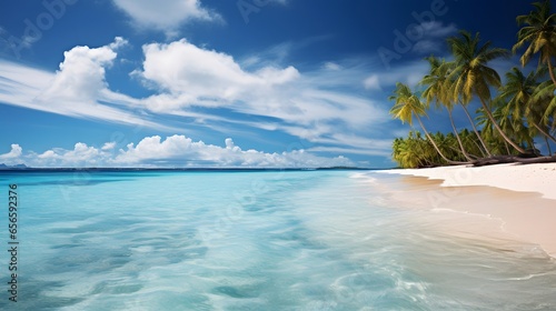 Panoramic view of a beautiful beach with palm trees and blue sky