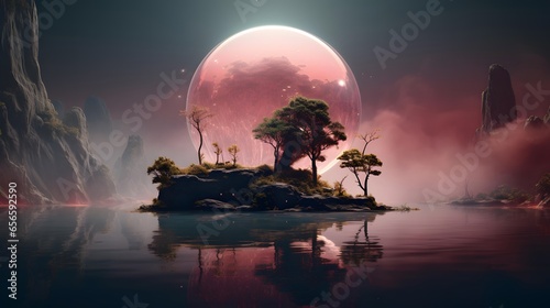 Beautiful fantasy landscape with a tree in a glass sphere. 3d rendering © Iman