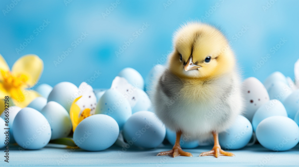 A cute little and lovely chick in an environment with white and blue eggs and yellow flowers Generative AI Illustration