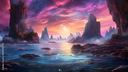 Beautiful fantasy landscape with mountain and sea. Digital painting illustration.