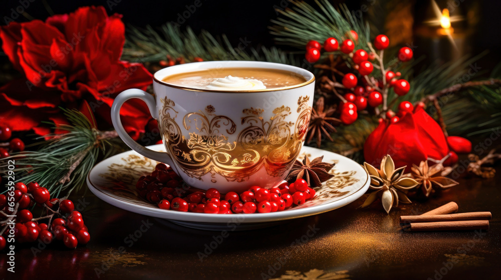 Christmas tea cup and ornaments in a winter and xmas atmosphere Generative AI Illustration Christmas tea cup and ornaments in a winter and xmas atmosphere Generative AI Illustration