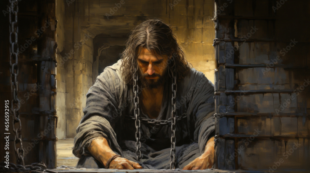 Illustration of John the Baptist imprisoned in prison by order of King Herod Antipas Generative AI