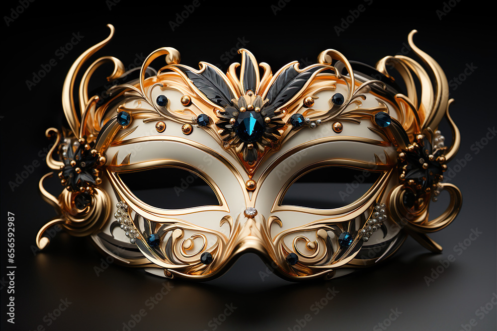 Carnival Mask With Gold Decorations.
Illustration On The Theme Of Theater And Carnival, Objects And Decorations. Generative AI