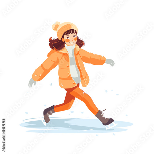 stockphoto, Girl figure ice skating vector flat illustration. Kids winter activities. Child in casual warm clothes playing sport on Christmas holidays. Moving cartoon character. Isolated on white back