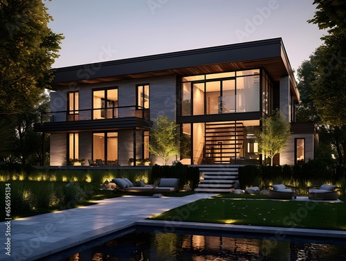 Modern cozy house with swimming pool and garden at night. 3d rendering © Iman